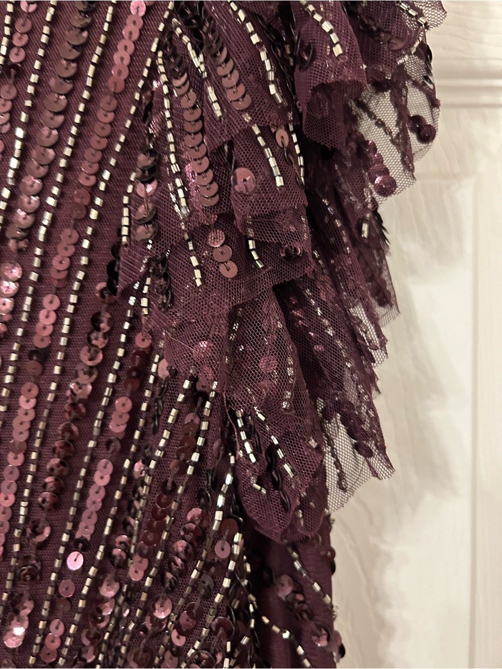 Mac Duggal Plum Beaded Sequin Flutter Sleeve Gown - Picture 13 of 16